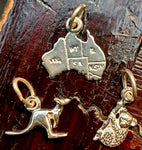 Three Australian charms that represent Australia, the jumping kangaroo, the map of Australia and the cute and cuddly koala. All solid sterling silver and made in Australia. 